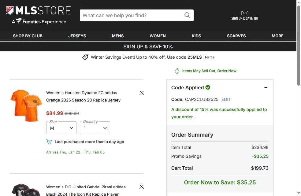 D.C. United checkout page showing D.C. United promo code box | Screenshot taken by SimplyCodes community member on Dec 24, 2025