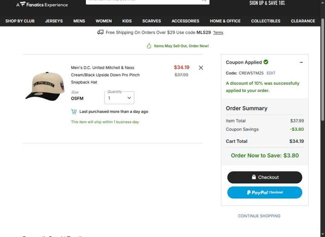 D.C. United checkout page showing D.C. United promo code box | Screenshot taken by SimplyCodes community member on Oct 3, 2025