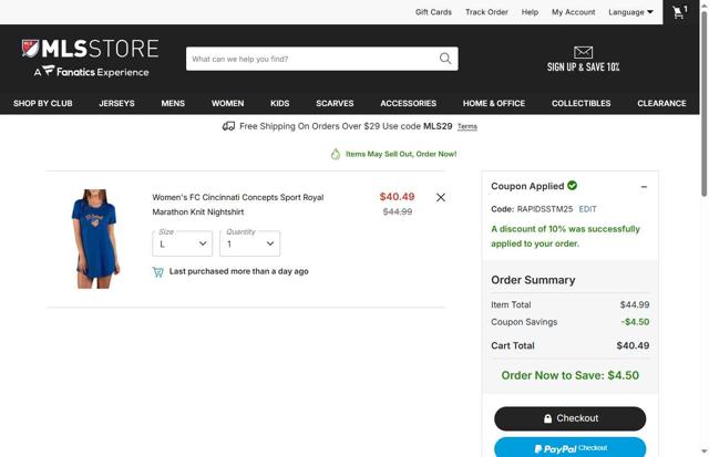 D.C. United checkout page showing D.C. United promo code box | Screenshot taken by SimplyCodes community member on Oct 3, 2025