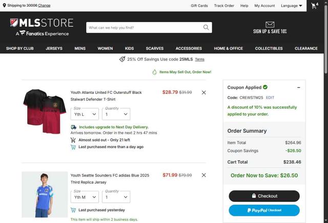 D.C. United checkout page showing D.C. United promo code box | Screenshot taken by SimplyCodes community member on Sep 11, 2025