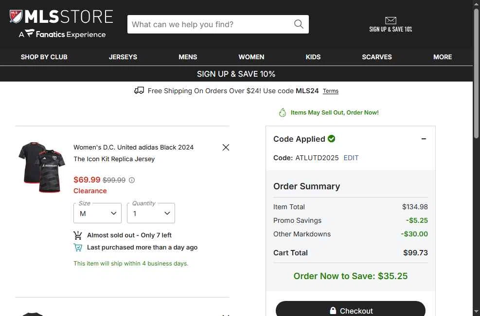 D.C. United checkout page showing D.C. United promo code box | Screenshot taken by SimplyCodes community member on Jan 15, 2026