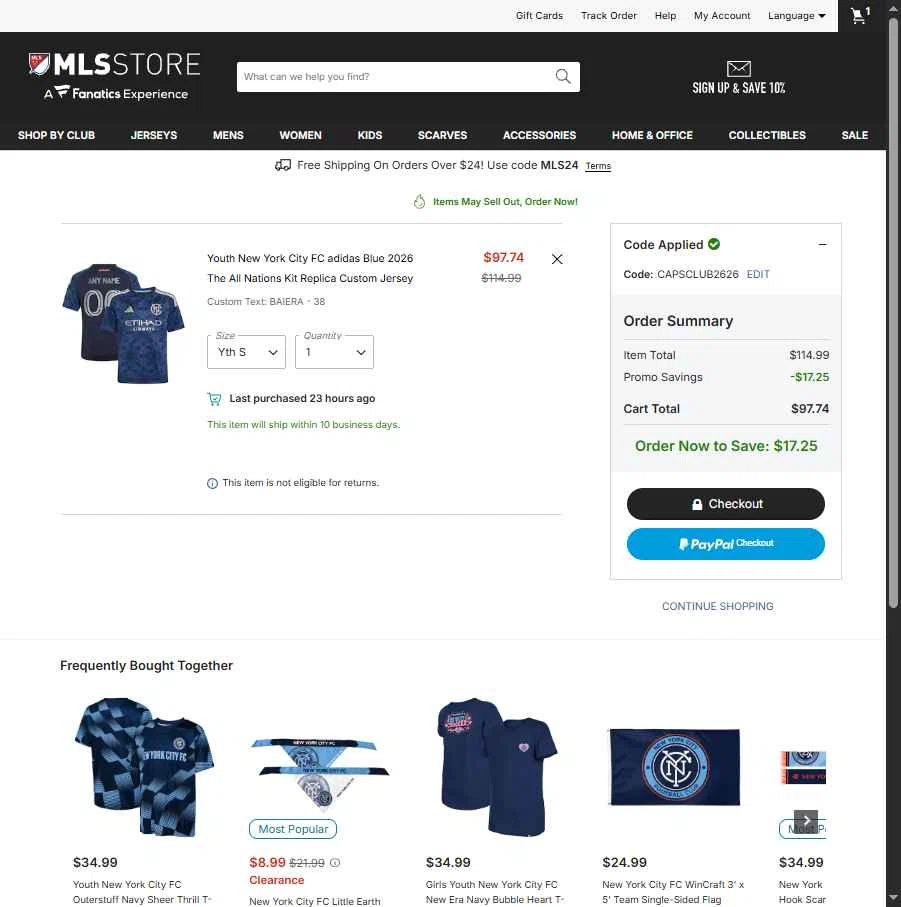 D.C. United checkout page showing D.C. United promo code box | Screenshot taken by SimplyCodes community member on Feb 24, 2026
