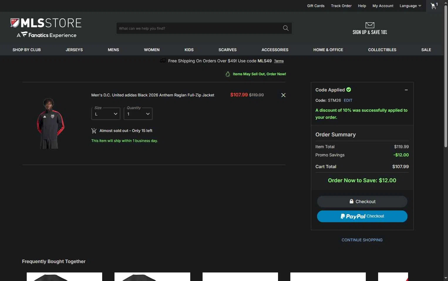 D.C. United checkout page showing D.C. United promo code box | Screenshot taken by SimplyCodes community member on Feb 1, 2026