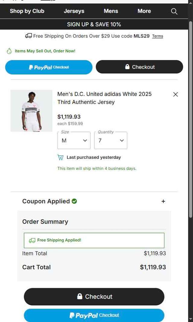 D.C. United checkout page showing D.C. United promo code box | Screenshot taken by SimplyCodes community member on Oct 2, 2025