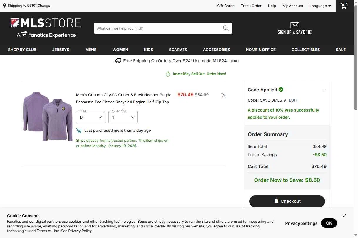 D.C. United checkout page showing D.C. United promo code box | Screenshot taken by SimplyCodes community member on Jan 14, 2026