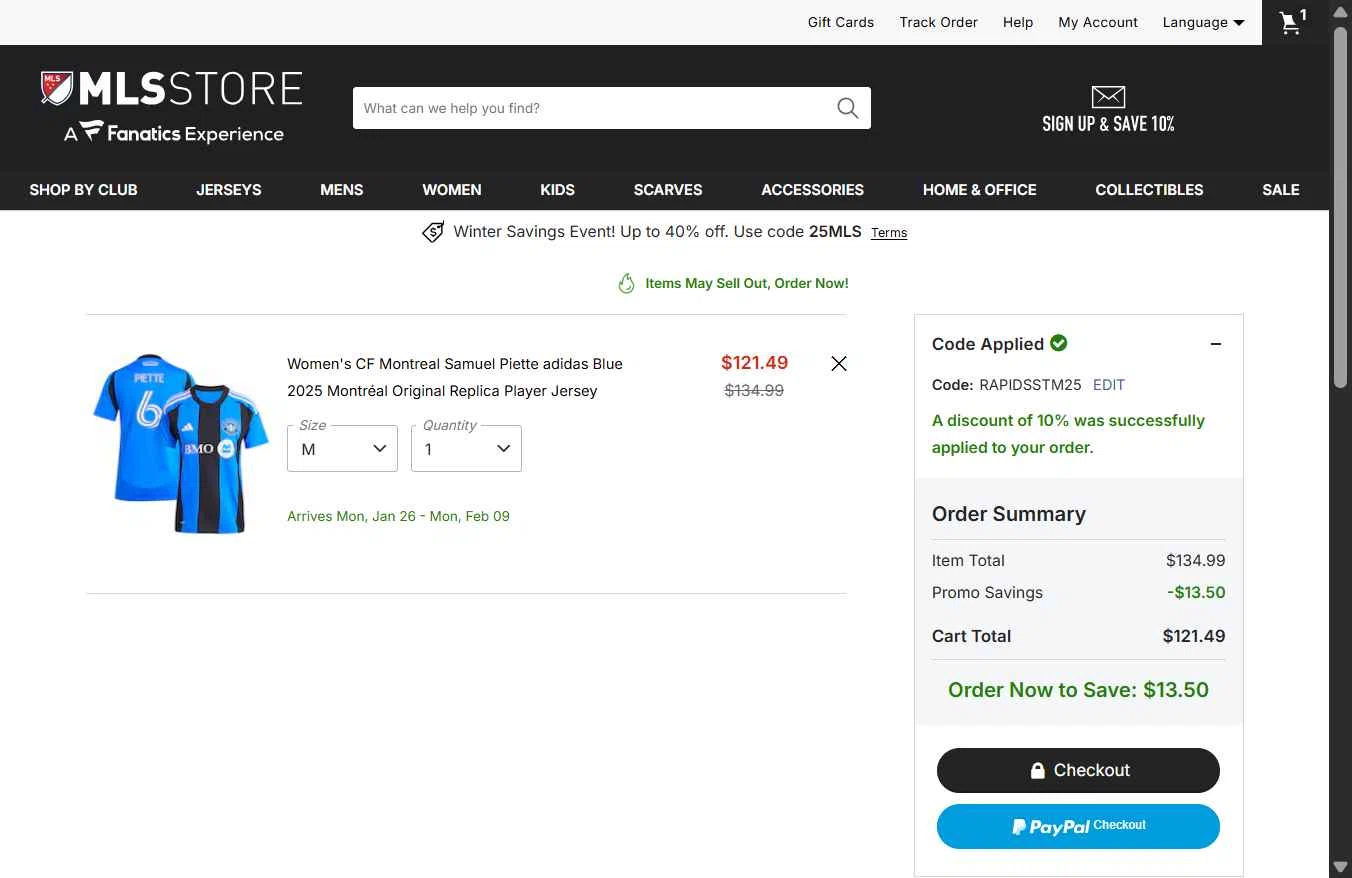 D.C. United checkout page showing D.C. United promo code box | Screenshot taken by SimplyCodes community member on Dec 27, 2025
