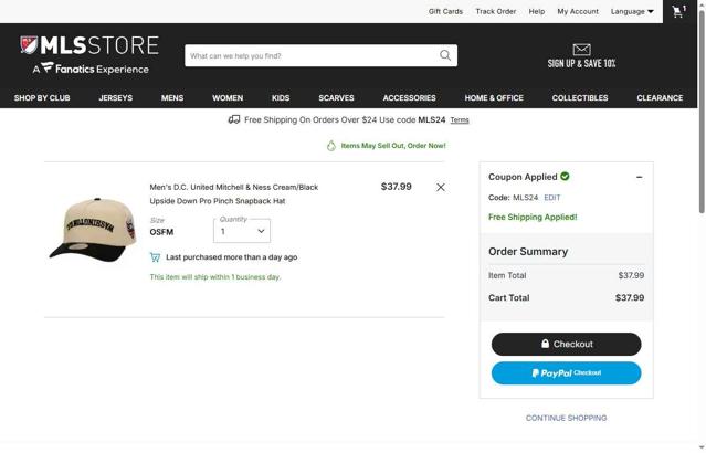 D.C. United checkout page showing D.C. United promo code box | Screenshot taken by SimplyCodes community member on Oct 6, 2025