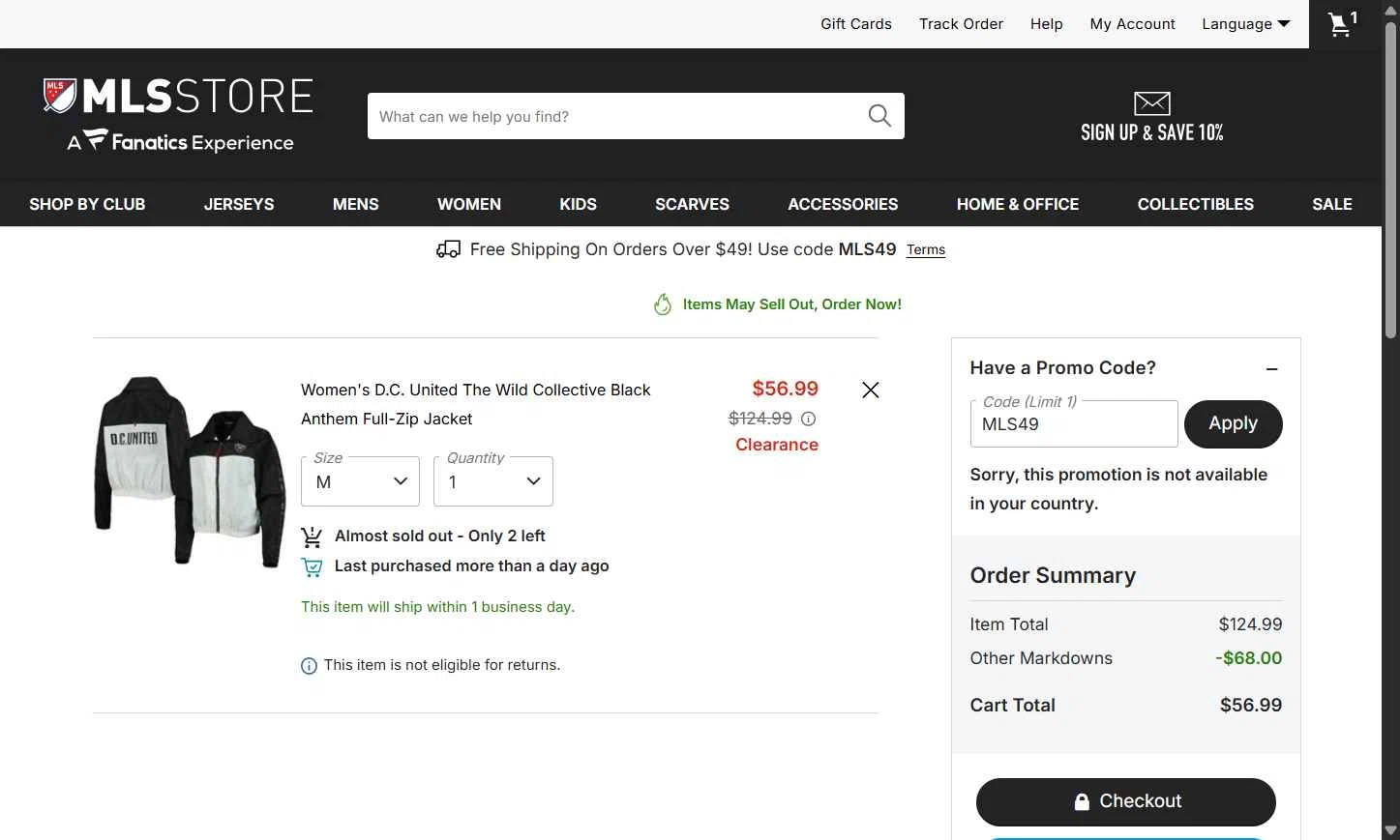 D.C. United checkout page showing D.C. United promo code box | Screenshot taken by SimplyCodes community member on Jan 9, 2026