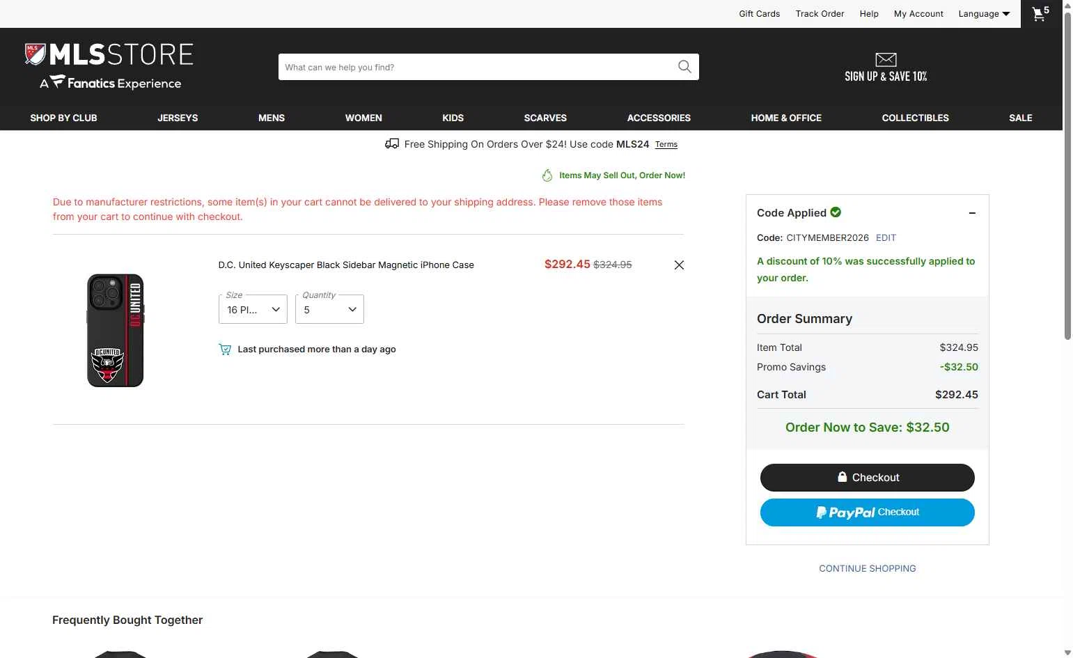 D.C. United checkout page showing D.C. United promo code box | Screenshot taken by SimplyCodes community member on Feb 5, 2026