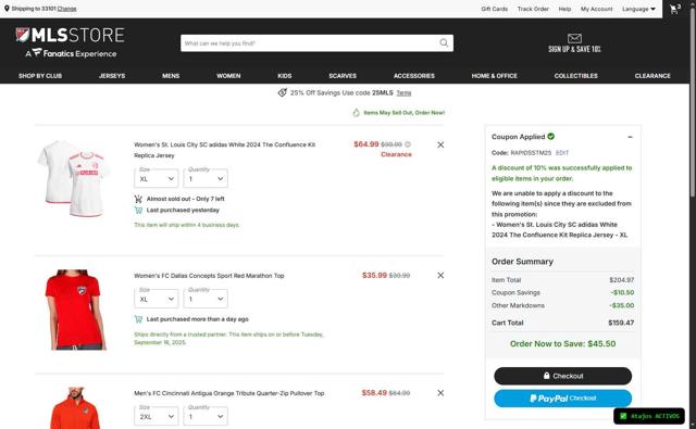 D.C. United checkout page showing D.C. United promo code box | Screenshot taken by SimplyCodes community member on Sep 11, 2025