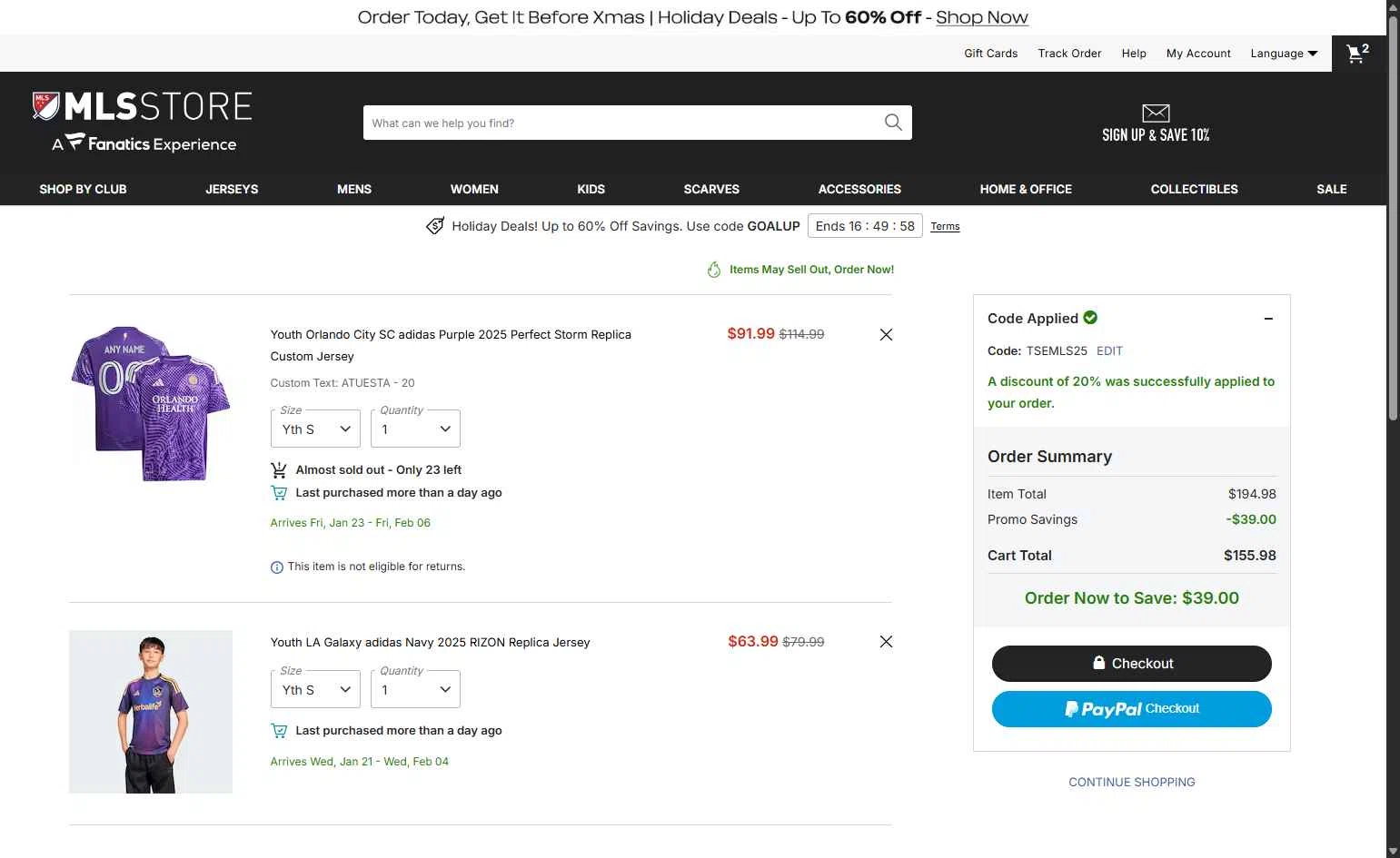 D.C. United checkout page showing D.C. United promo code box | Screenshot taken by SimplyCodes community member on Dec 21, 2025