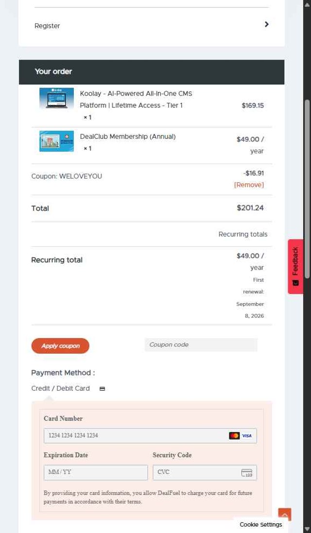 DealFuel checkout page showing DealFuel coupon code box | Screenshot taken by SimplyCodes community member on Sep 8, 2025