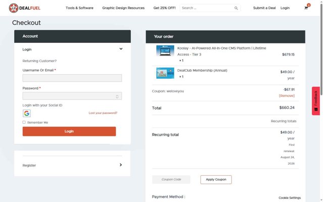 DealFuel checkout page showing DealFuel coupon code box | Screenshot taken by SimplyCodes community member on Aug 24, 2025