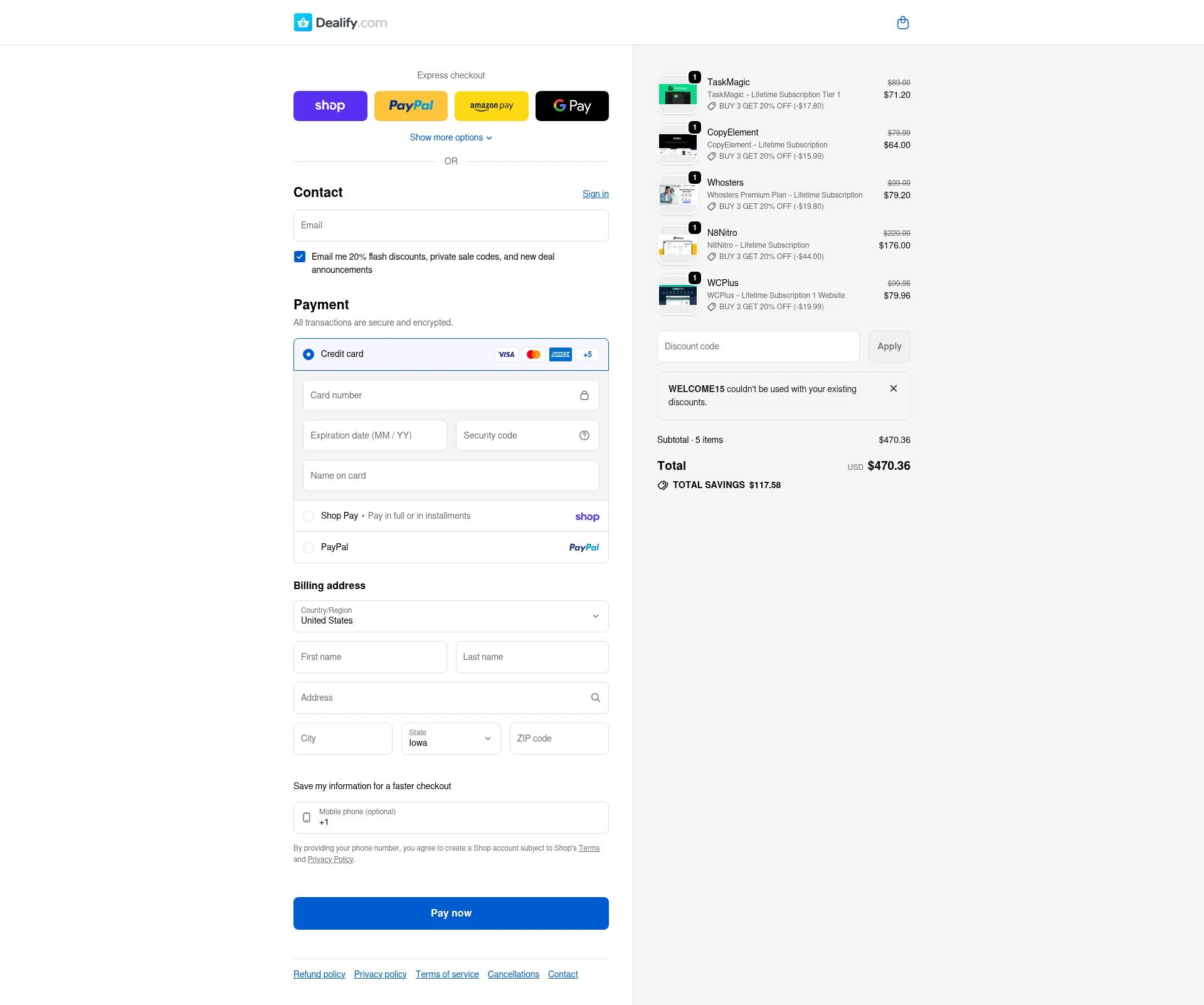 Dealify checkout page showing Dealify coupon code box | Screenshot taken by SimplyCodes community member on Feb 5, 2026