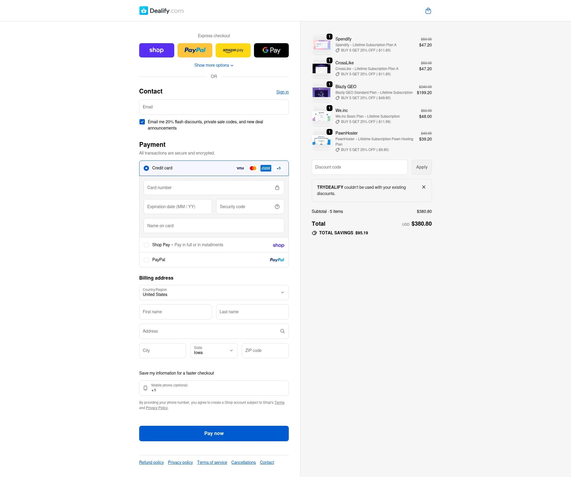 Dealify checkout page showing Dealify coupon code box | Screenshot taken by SimplyCodes community member on Feb 1, 2026