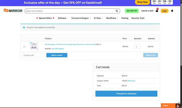 DealMirror checkout page showing DealMirror coupon code box | Screenshot taken by SimplyCodes community member on Sep 16, 2025
