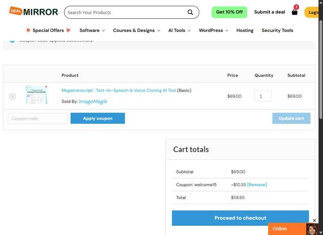 DealMirror checkout page showing DealMirror coupon code box | Screenshot taken by SimplyCodes community member on Sep 12, 2025