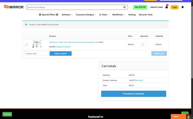 DealMirror checkout page showing DealMirror coupon code box | Screenshot taken by SimplyCodes community member on Sep 13, 2025
