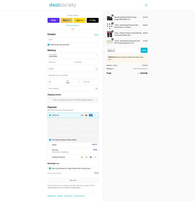 Deal Society checkout page showing Deal Society discount code box | Screenshot taken by SimplyCodes community member on Sep 16, 2025