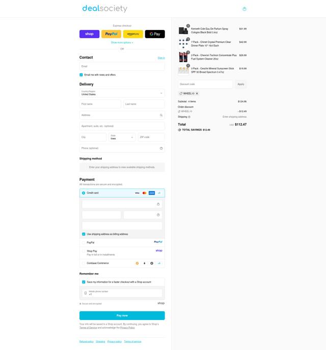 Deal Society checkout page showing Deal Society discount code box | Screenshot taken by SimplyCodes community member on Sep 16, 2025