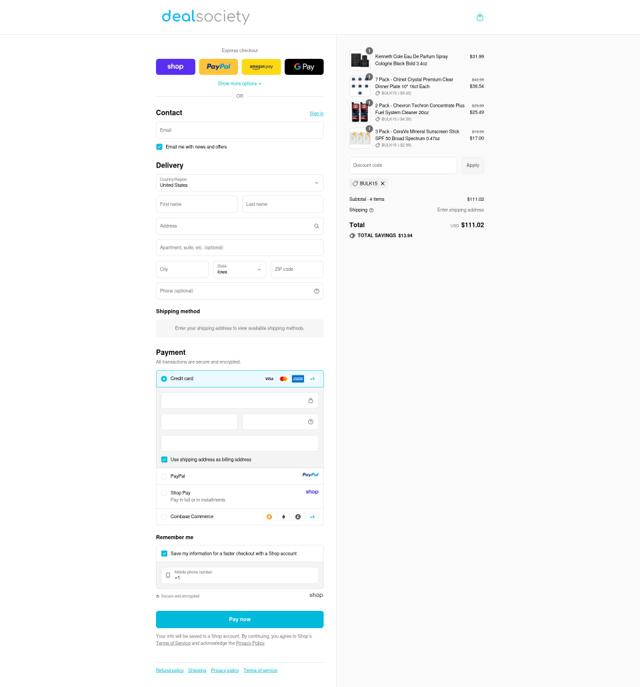 Deal Society checkout page showing Deal Society discount code box | Screenshot taken by SimplyCodes community member on Sep 16, 2025