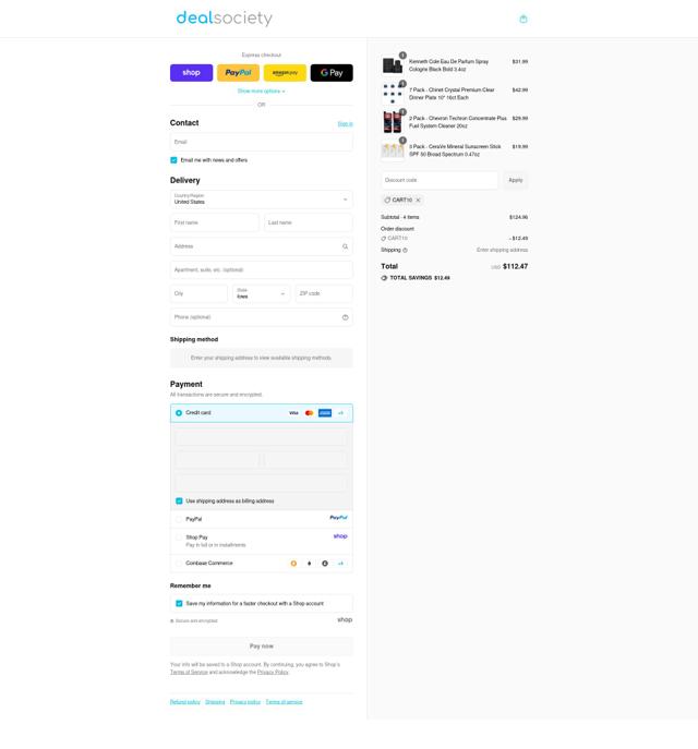 Deal Society checkout page showing Deal Society discount code box | Screenshot taken by SimplyCodes community member on Sep 16, 2025