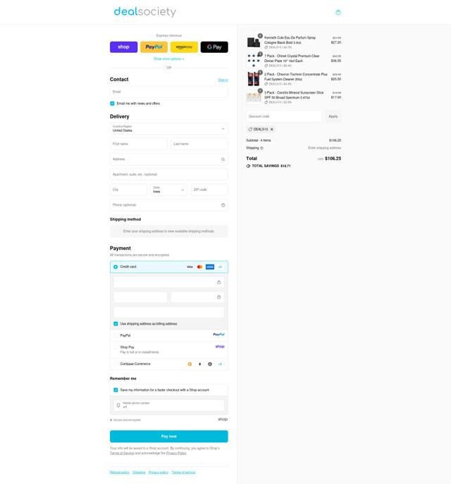 Deal Society checkout page showing Deal Society discount code box | Screenshot taken by SimplyCodes community member on Sep 16, 2025