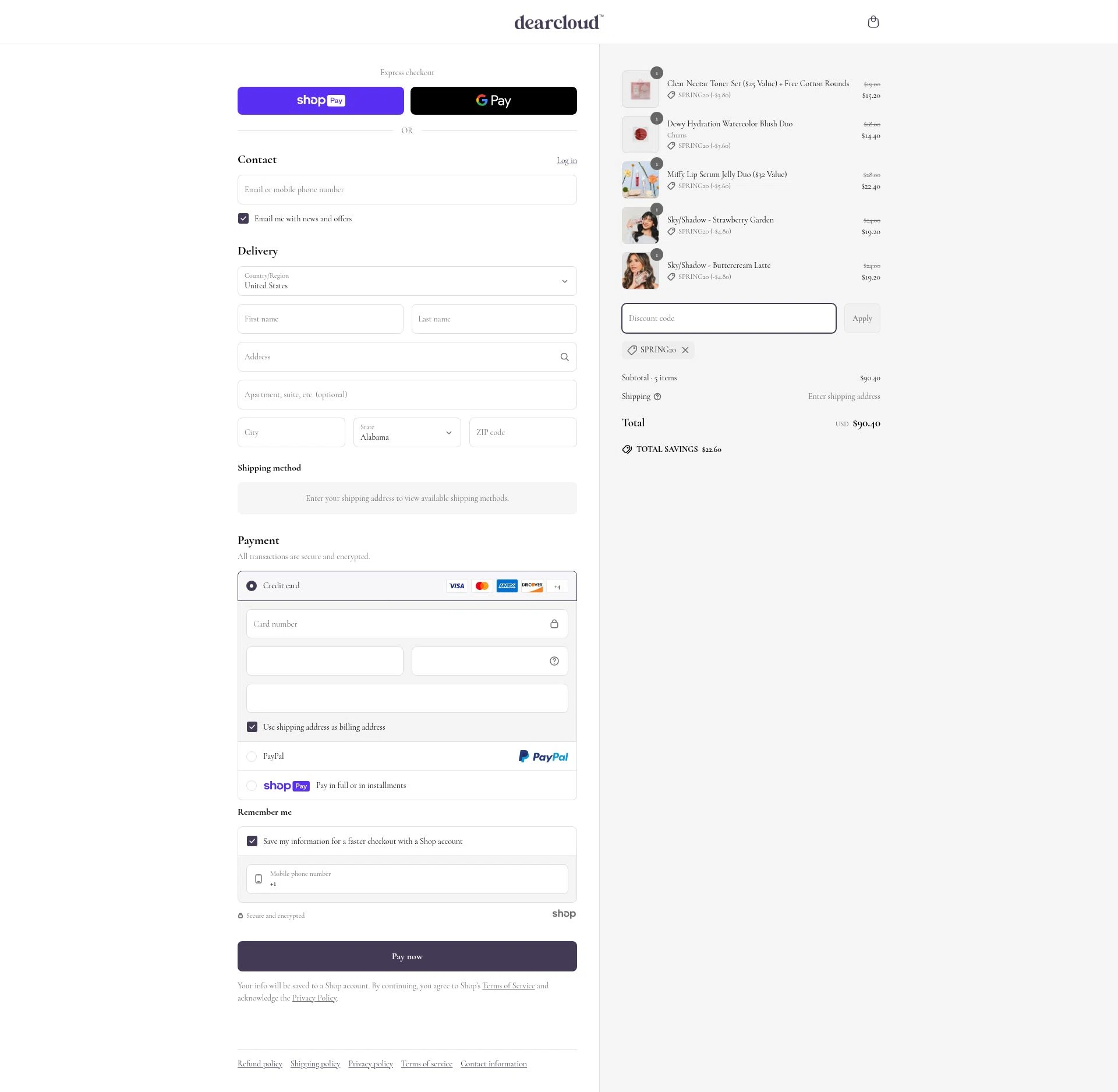 dearcloud checkout page showing dearcloud promo code box | Screenshot taken by SimplyCodes community member on May 4, 2025