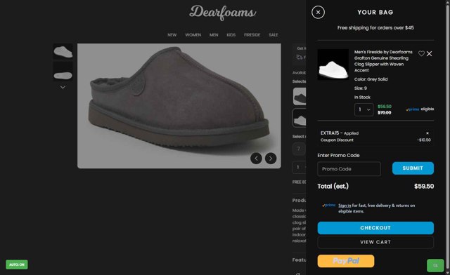 DearFoams checkout page showing DearFoams promo code box | Screenshot taken by SimplyCodes community member on Aug 18, 2025