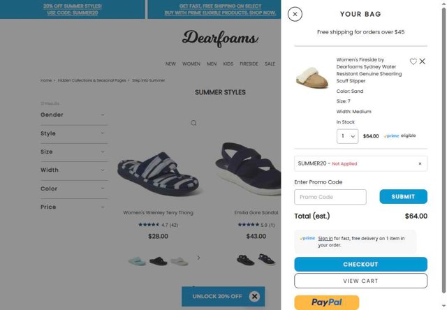 DearFoams checkout page showing DearFoams promo code box | Screenshot taken by SimplyCodes community member on Aug 12, 2025