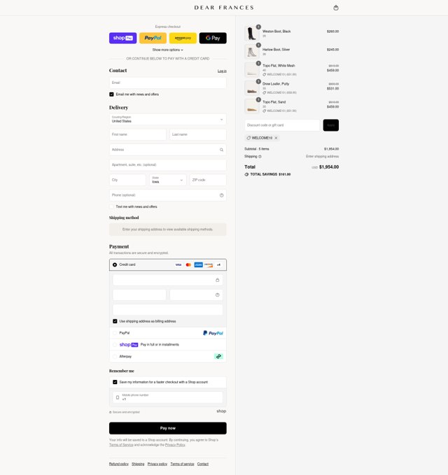 Dear Frances checkout page showing Dear Frances discount code box | Screenshot taken by SimplyCodes community member on Aug 5, 2025
