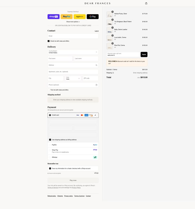 Dear Frances checkout page showing Dear Frances discount code box | Screenshot taken by SimplyCodes community member on Aug 26, 2025