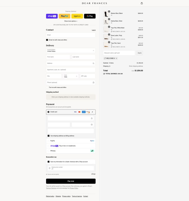 Dear Frances checkout page showing Dear Frances discount code box | Screenshot taken by SimplyCodes community member on Aug 13, 2025
