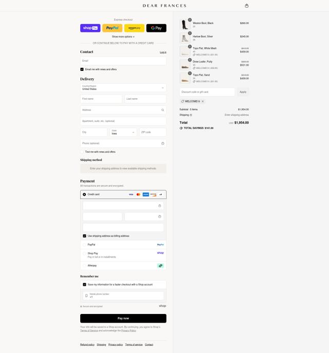 Dear Frances checkout page showing Dear Frances discount code box | Screenshot taken by SimplyCodes community member on Aug 22, 2025