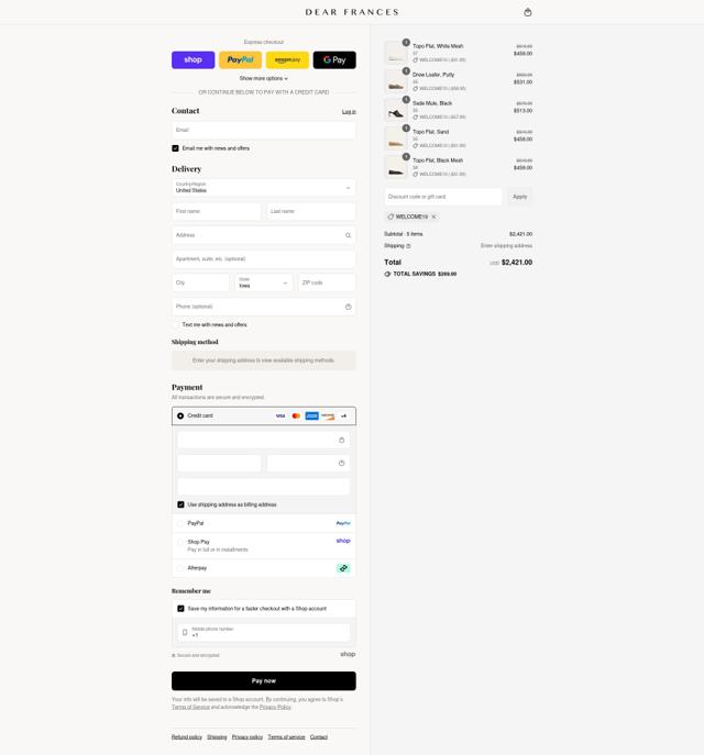 Dear Frances checkout page showing Dear Frances discount code box | Screenshot taken by SimplyCodes community member on Sep 3, 2025