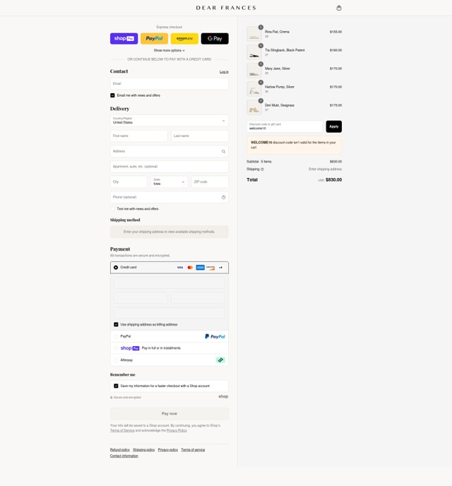 Dear Frances checkout page showing Dear Frances discount code box | Screenshot taken by SimplyCodes community member on Jul 23, 2025