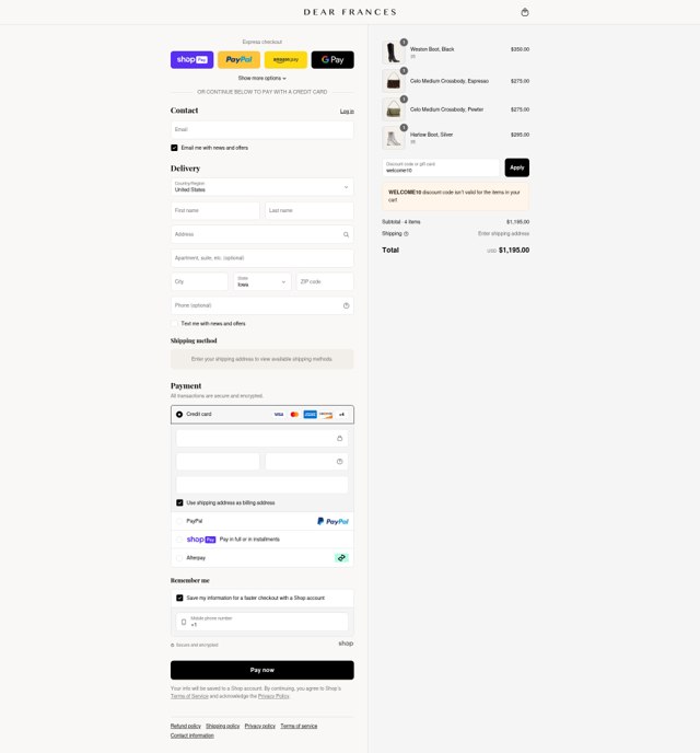 Dear Frances checkout page showing Dear Frances discount code box | Screenshot taken by SimplyCodes community member on Jul 18, 2025