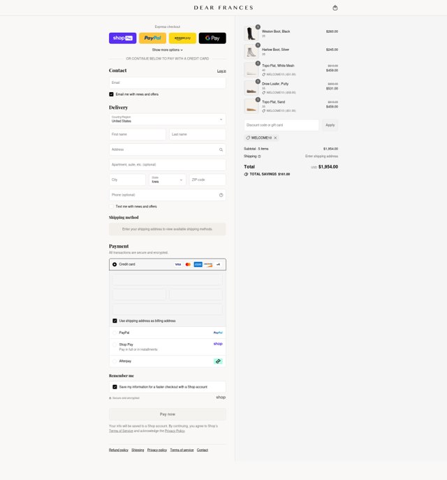 Dear Frances checkout page showing Dear Frances discount code box | Screenshot taken by SimplyCodes community member on Aug 17, 2025