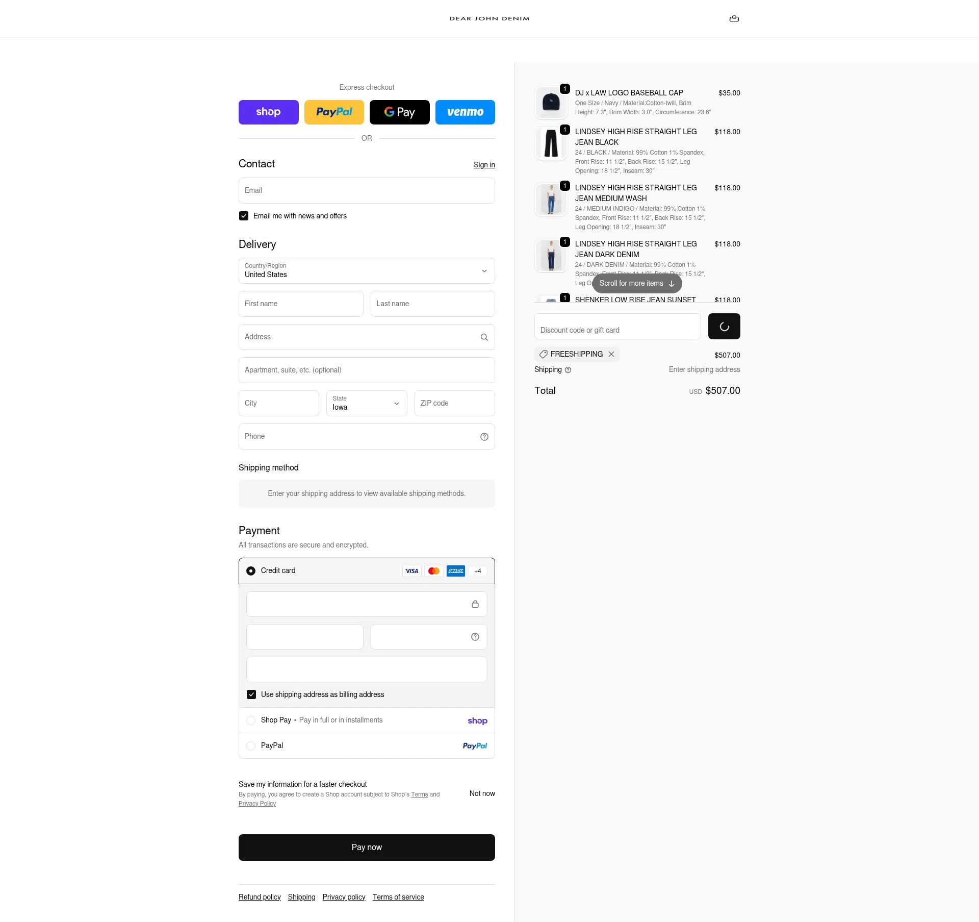 Dear John Denim checkout page showing Dear John Denim promo code box | Screenshot taken by SimplyCodes community member on Feb 14, 2026