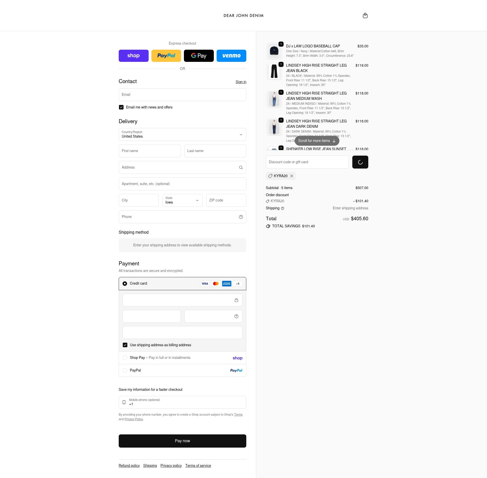 Dear John Denim checkout page showing Dear John Denim promo code box | Screenshot taken by SimplyCodes community member on Feb 18, 2026