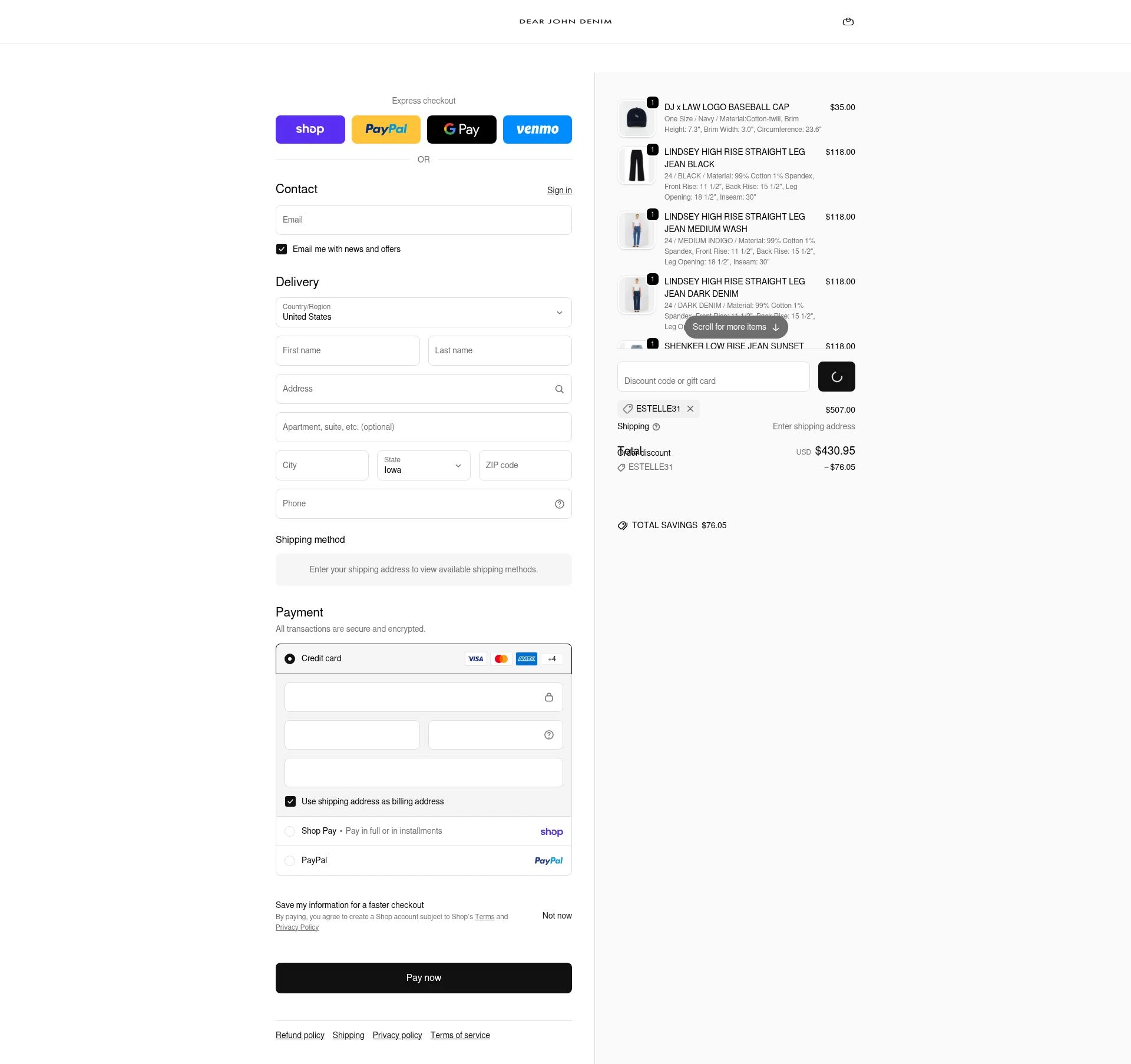 Dear John Denim checkout page showing Dear John Denim promo code box | Screenshot taken by SimplyCodes community member on Feb 14, 2026