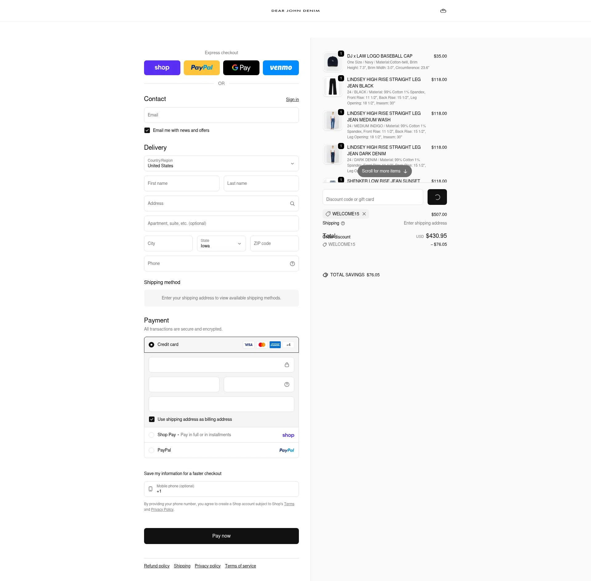 Dear John Denim checkout page showing Dear John Denim promo code box | Screenshot taken by SimplyCodes community member on Feb 18, 2026