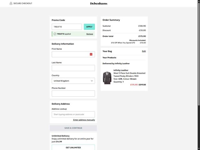 Debenhams checkout page showing Debenhams discount code box | Screenshot taken by SimplyCodes community member on Aug 28, 2025