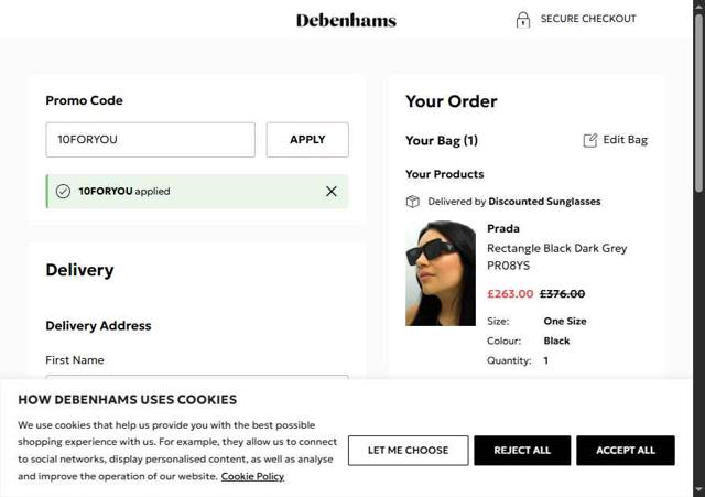 Debenhams checkout page showing Debenhams discount code box | Screenshot taken by SimplyCodes community member on Sep 5, 2025