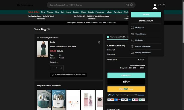 Debenhams checkout page showing Debenhams discount code box | Screenshot taken by SimplyCodes community member on Aug 29, 2025