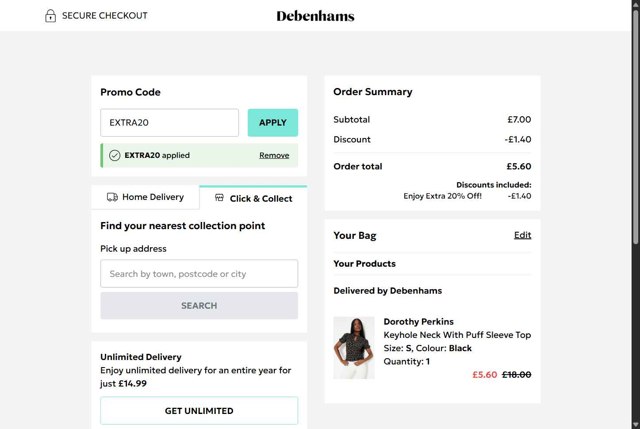 Debenhams checkout page showing Debenhams discount code box | Screenshot taken by SimplyCodes community member on Aug 19, 2025