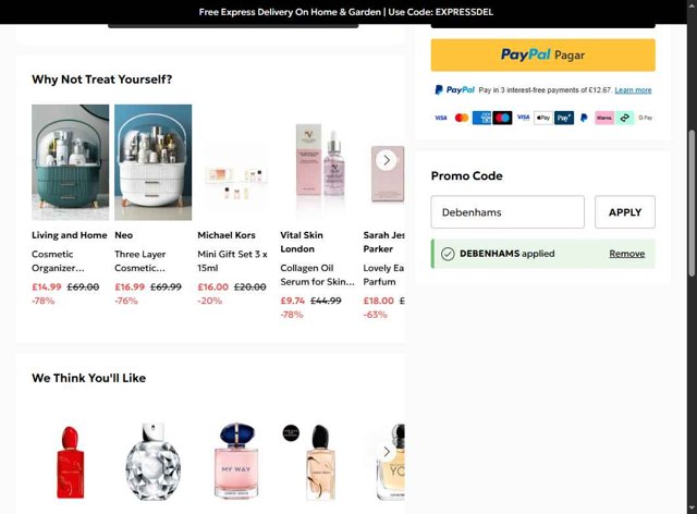Debenhams checkout page showing Debenhams discount code box | Screenshot taken by SimplyCodes community member on Aug 28, 2025