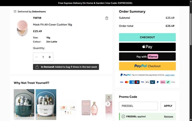 Debenhams checkout page showing Debenhams discount code box | Screenshot taken by SimplyCodes community member on Aug 28, 2025