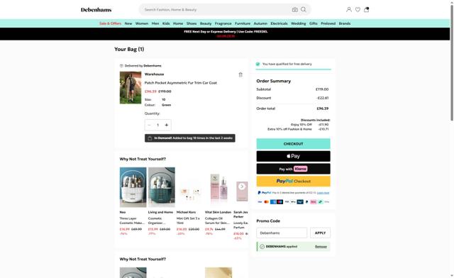 Debenhams checkout page showing Debenhams discount code box | Screenshot taken by SimplyCodes community member on Sep 8, 2025