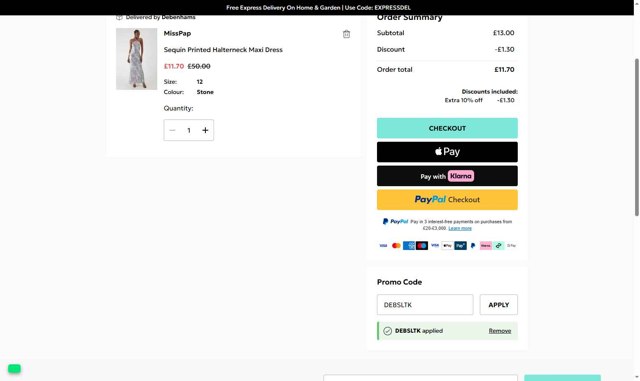 Debenhams checkout page showing Debenhams discount code box | Screenshot taken by SimplyCodes community member on Aug 24, 2025